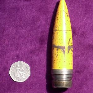 27 MM Mauser High Explosive Radway Green production round, inert model for ballast trials.