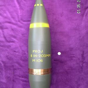 8 inch/203 MM M106 High Explosive projectile fitted with Mechanical Time Super Quick Fuze Number 520