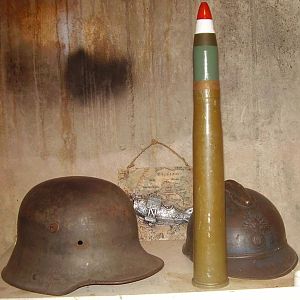 M1916 German Stalhelm - m1915 French Adrian infantry helmet - Bofors 40mm WW2 shell