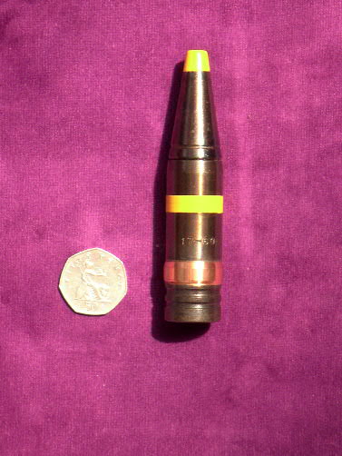 23 MM Experimental Armour Piercing Incendiary Tracer round with de-coppering additive.(yellow band)