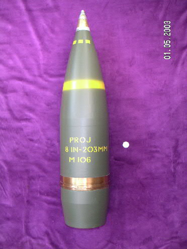 8 inch/203 MM M106 High Explosive projectile fitted with Mechanical Time Super Quick Fuze Number 520